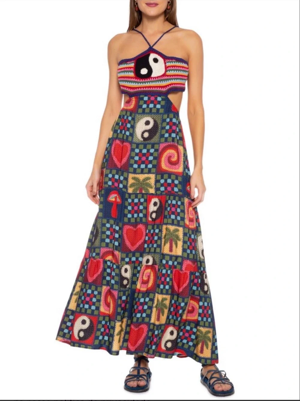 FARM Rio Patchwork Crochet Cutout Maxi Dress Yin Yang Hearts Palm Medium NWT - Picture 1 of 9